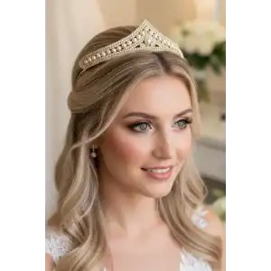 Zirkon Taşlı İnci Detaylı Gelin/Kına/Nişan/Söz Tasarım Taç