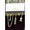 6lı Altın Renk Taş Detaylı Küpe Set