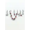 6lı Gümüş Renk Taş Detaylı Küpe Set