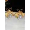 Altın Renk Arı Figürlü İnci Detaylı Çelik Küpe (Çift)