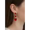 Altın Renk Kırmızı Kalp Detaylı Çelik Küpe (Çift)