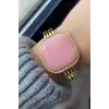 Altın Renk Pembe Taş Detaylı Çelik Kelepçe Bileklik