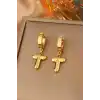 Altın Renk T Harf Çelik Küpe (Çift)