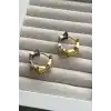 Altın Ve Gümüş Renk Taş Detaylı Halka Küpe (Çift)