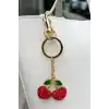Altın Ve Kırmızı Renk Kiraz Figürlü Taş Detaylı Çanta Charm/ Anahtarlık