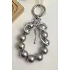 Gri Renk İnci Detaylı Çanta Charm/ Anahtarlık