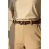 Gümüş Renk Leopar Desenli Kadın Deri Kemer