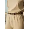 Gümüş Renk Leopar Desenli Kadın Deri Kemer