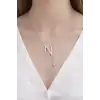 Gümüş Renk N Harfli Taş Detaylı Çelik Kolye