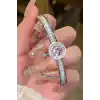Gümüş Renk Pembe Taş Detaylı Çelik Kelepçe Bileklik