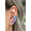 Gümüş Renk Renkli Taş Detaylı 14K Altın Kaplama TX Ear Cuff (Tek)