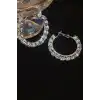 Gümüş Renk Taş Detaylı Halka Küpe 40Mm (Çift)