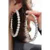 Gümüş Renk Taş Detaylı Halka Küpe 80Mm (Çift)