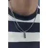 Gümüş Renk Tüy Figürlü Erkek İkili Zincir Çelik Kolye