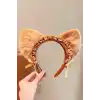 Kahverengi Kedi Kulak Detaylı Peluş Taç