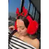 Kırmızı Renk Kurdele Figürlü Çan Detaylı Peluş Kulaklık