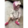 Pembe Renk Kurdele Ve Çiçek Detaylı Çocuk Saç Bonesi Ve Çorap Set