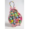 Pembe Renk Uğur Böceği Figürlü Boncuklu Çantalı Toka Seti