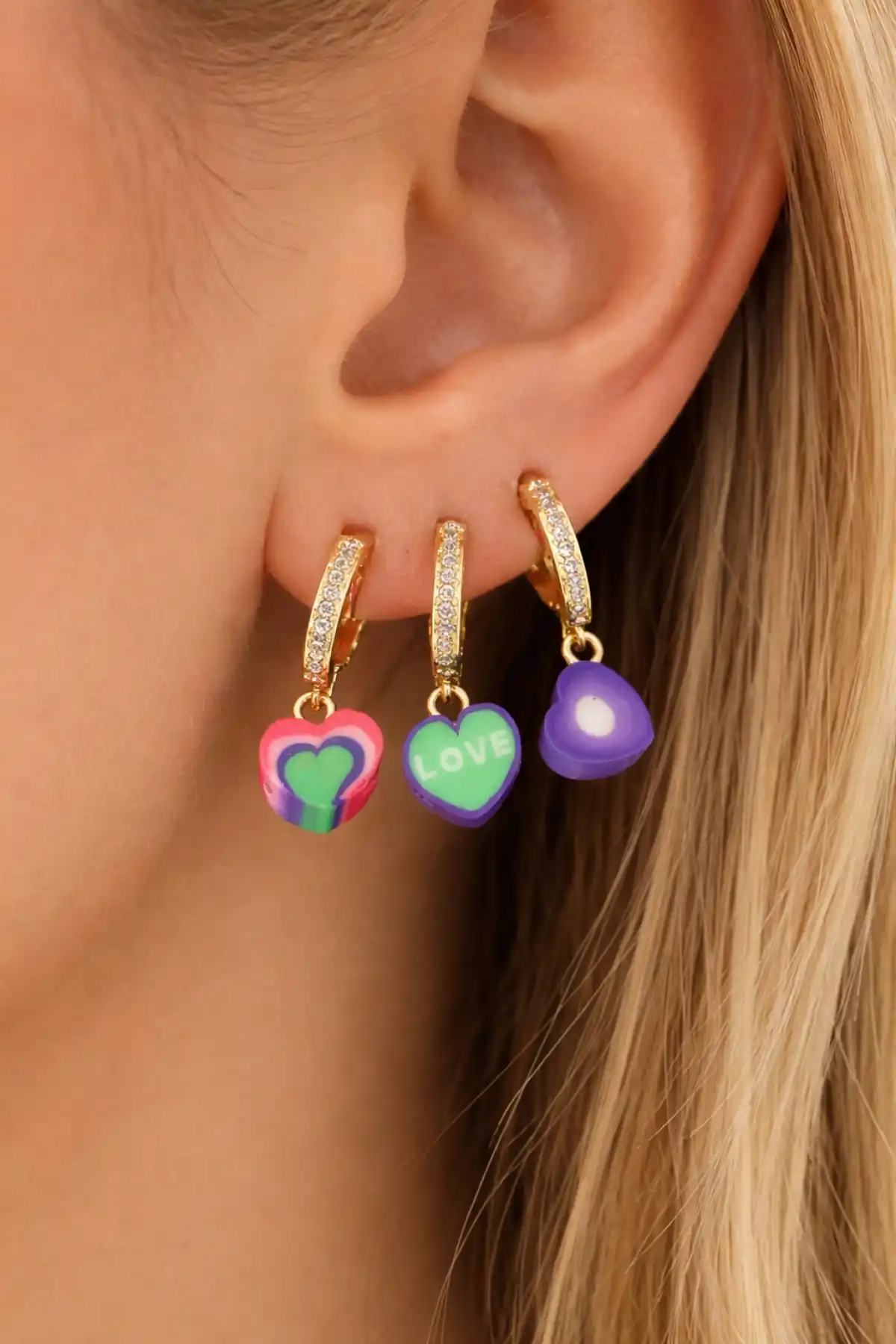 3lü Altın Renk Kalp Figürlü 14K Altın Kaplama TX Küpe