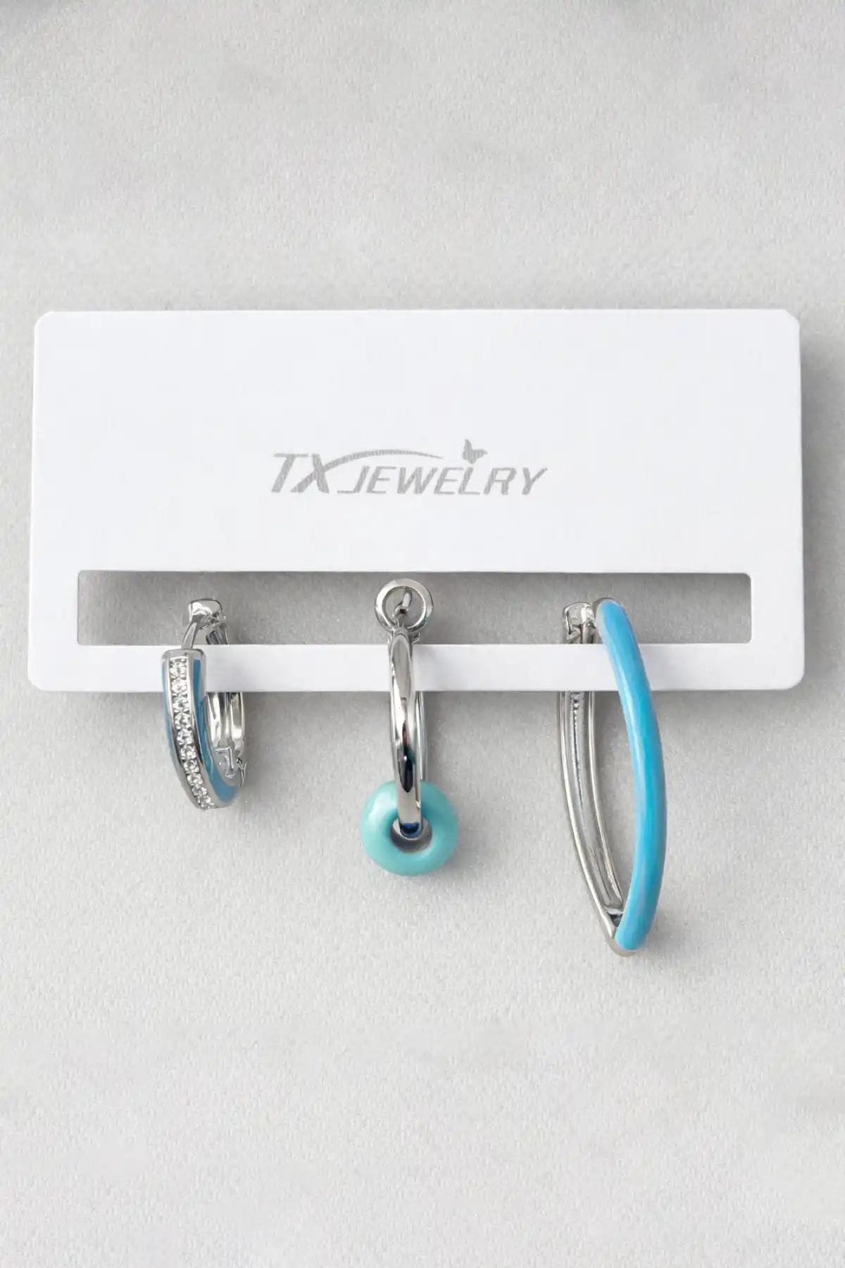 3lü Gümüş Renk Mavi Taş Detaylı 14K Altın Kaplama TX Küpe