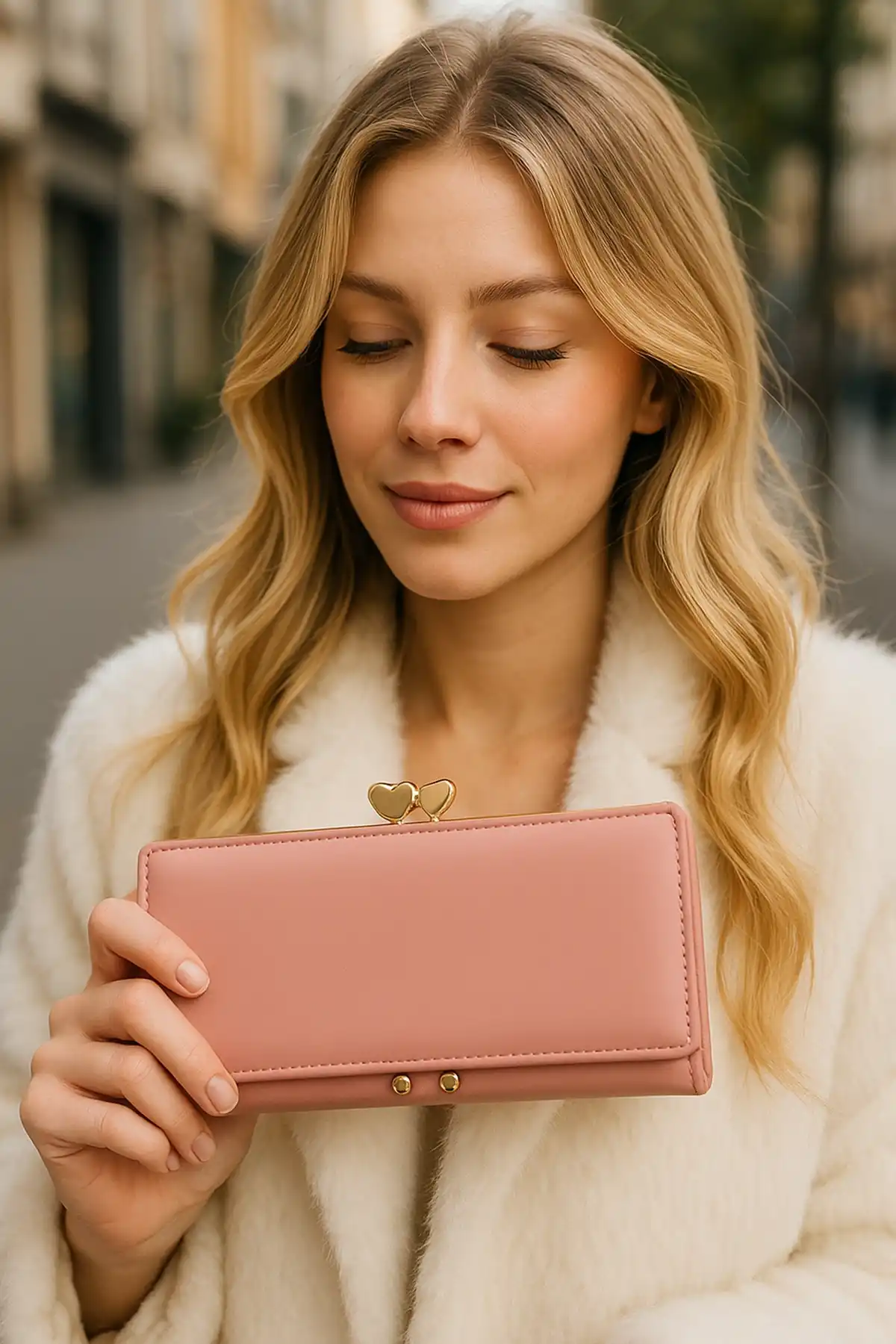 Açık Pembe Renk Kalp Detaylı Kadın Cüzdan