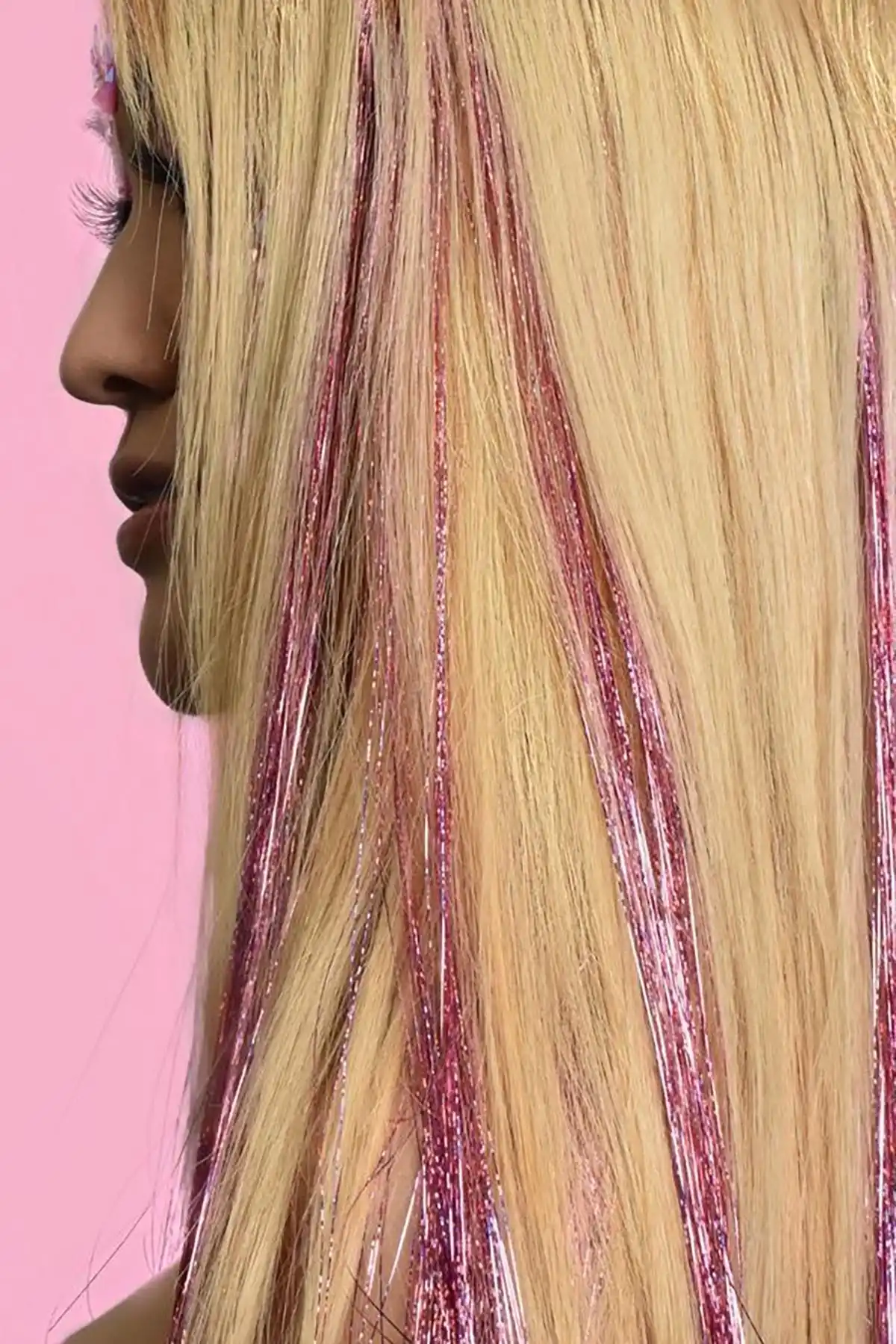 Açık Pembe Renk Simli Yan Postiş Hair Tinsel Shiny Hair (50 Cm)