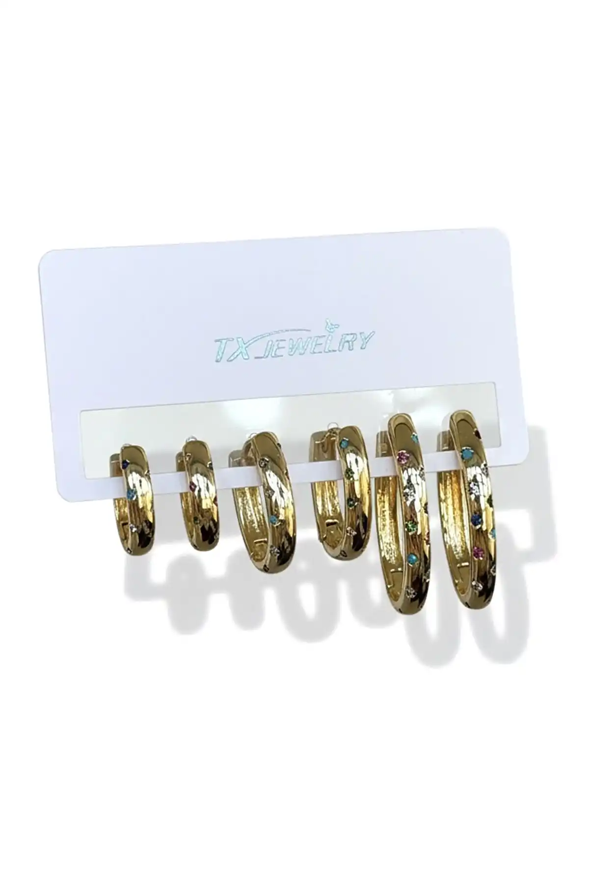 Altın Renk 6lı Taş Detaylı TX 14K Altın Kaplama Küpe Set