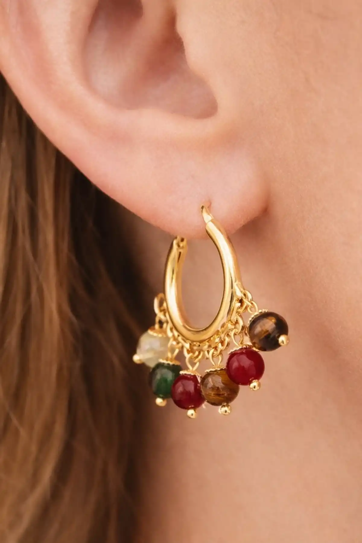 Altın Renk Boncuk Detaylı Küpe (Çift)