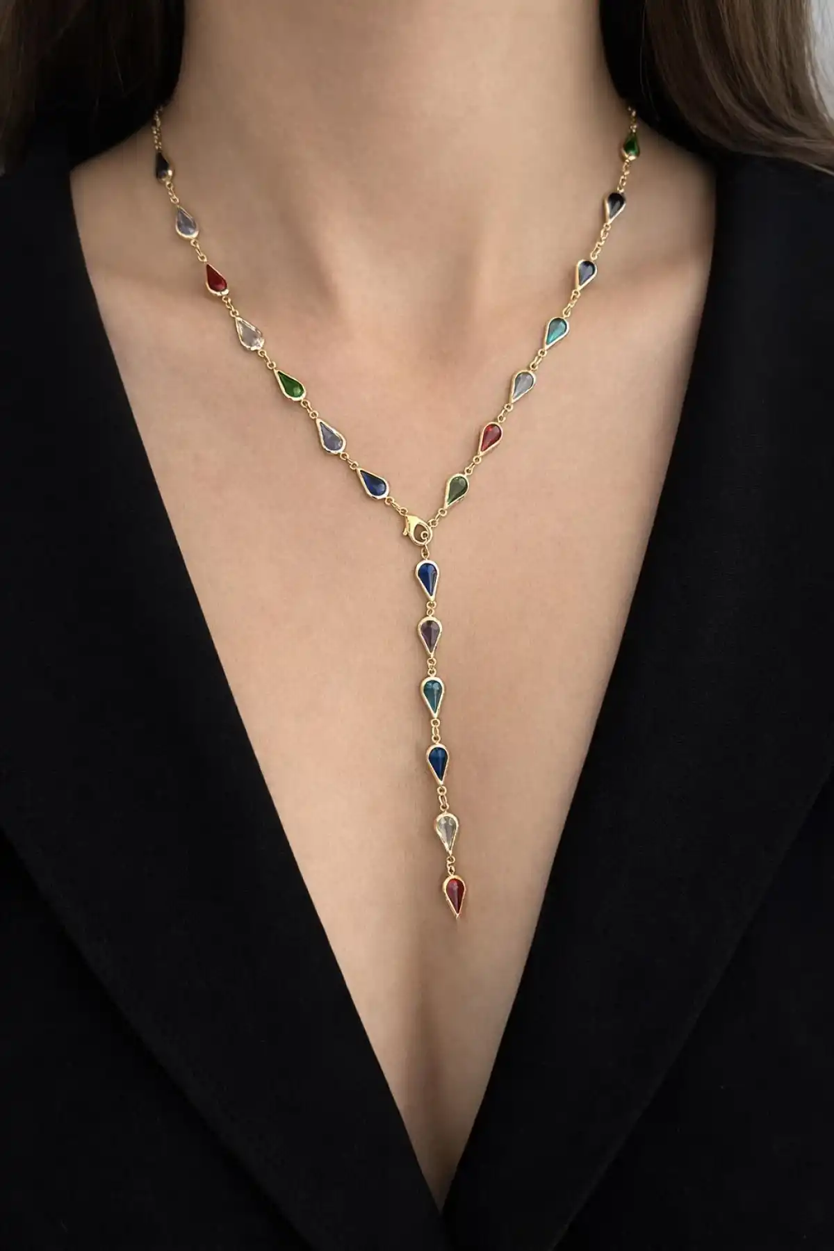 Altın Renk Damla Detaylı Taşlı Çelik Y Kolye