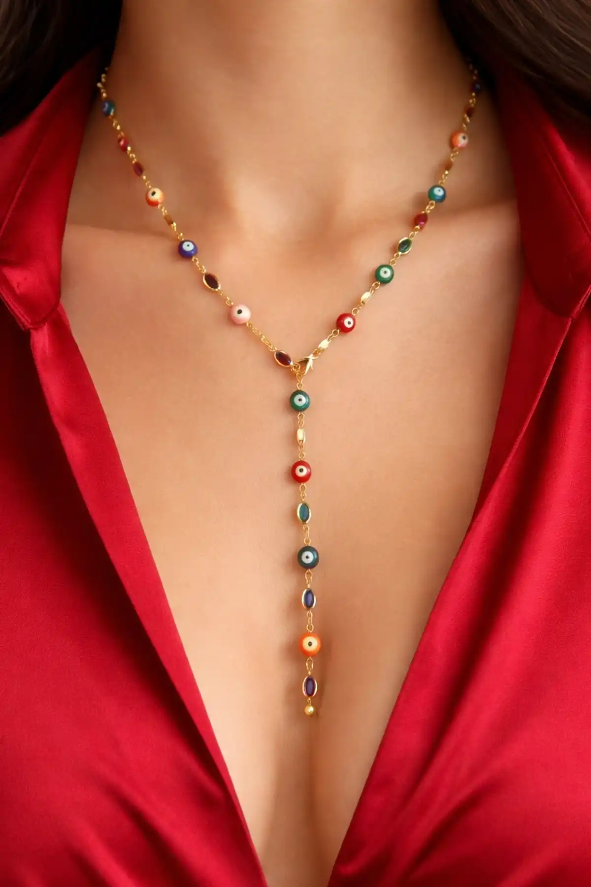 Altın Renk Göz Detaylı Taşlı Çelik Y Kolye