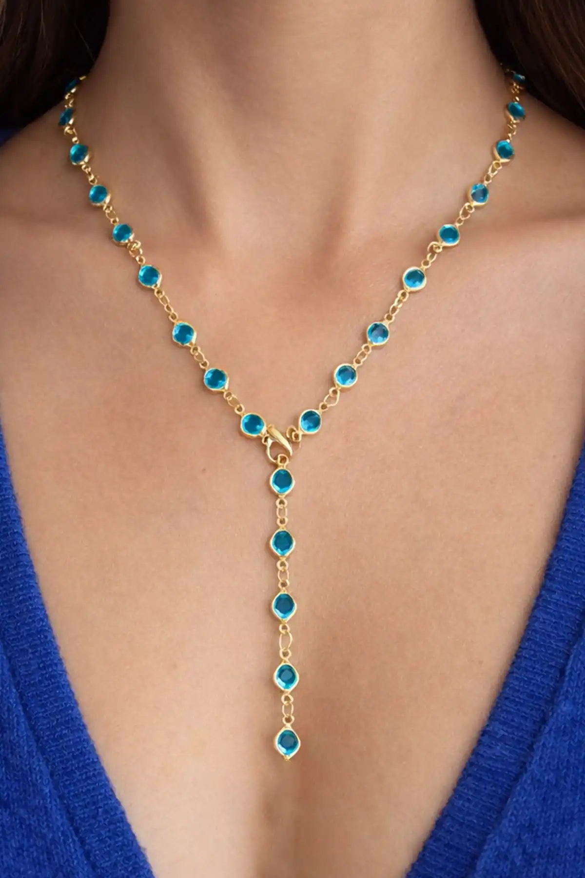 Altın Renk Mavi Taşlı Çelik Y Kolye