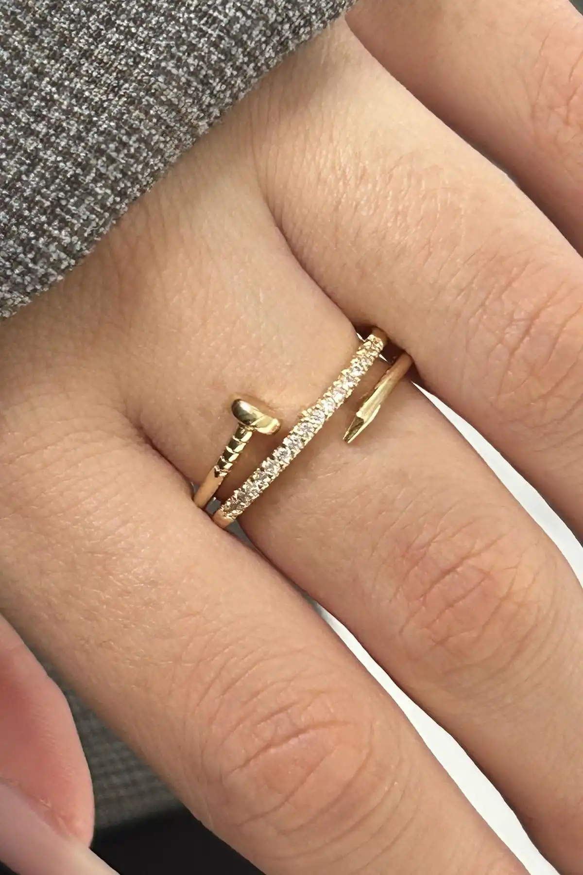 Altın Renk Taş Detaylı Ayarlanabilir Yüzük