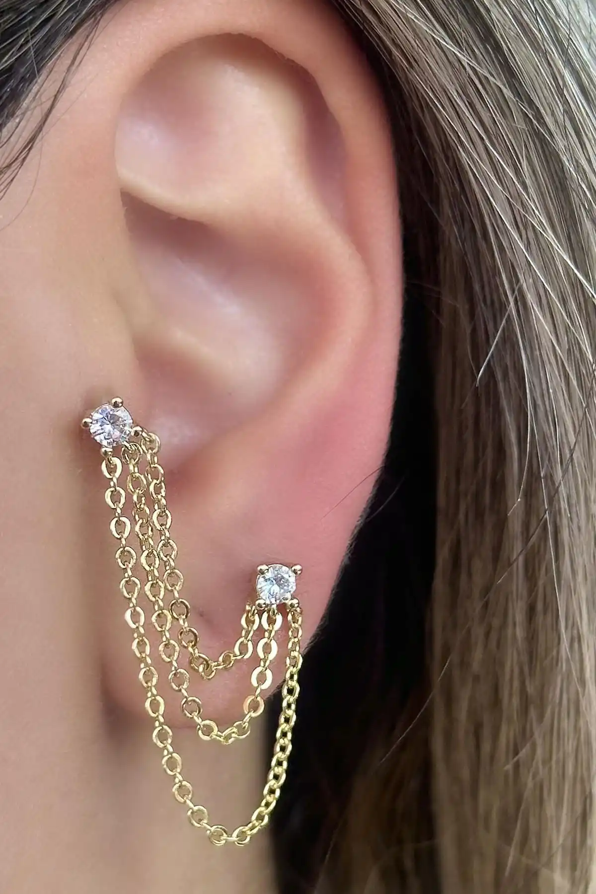 Altın Renk Taş Detaylı İkili Cerrahi Çelik Piercing