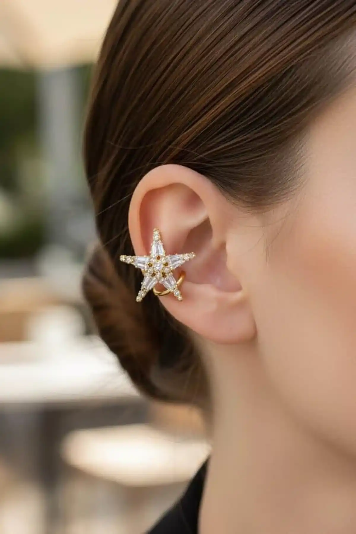 Altın Renk Yıldız Figürlü 14K Altın Kaplama TX Ear Cuff (Tek)