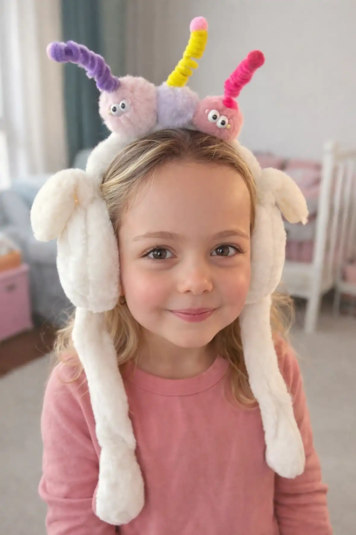 Beyaz Renk Canavar Figürlü Kulakları Oynayan Peluş Kulaklık