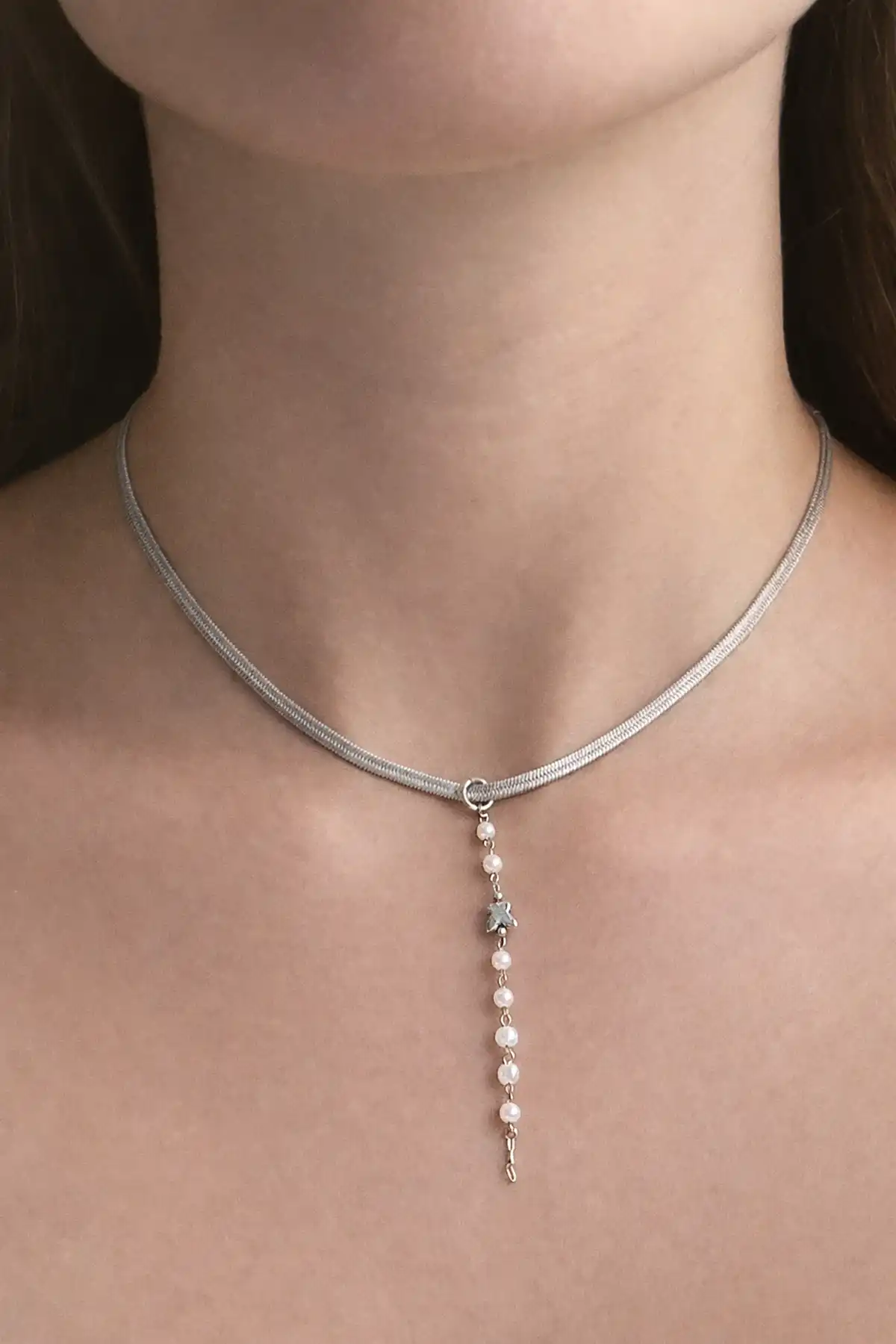 Gümüş Renk Kelebek Figürlü İtalyan Zincir Detaylı Çelik Kolye