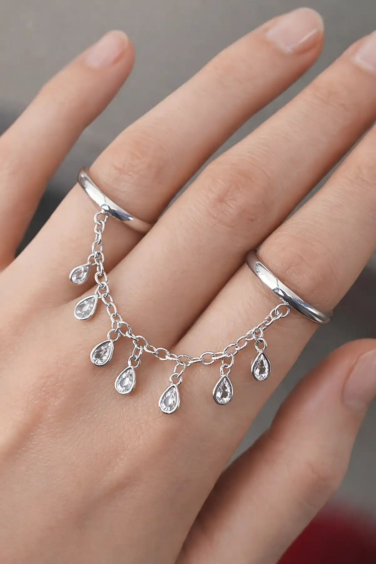 Gümüş Renk Taş Detaylı Sallantılı İkili Ayarlanabilir Yüzük