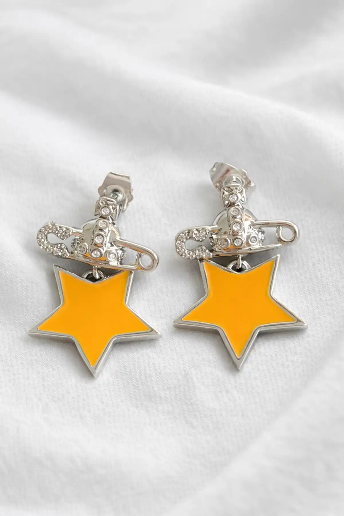 Gümüş Renk Turuncu Yıldız Figürlü 14K Altın Kaplama TX Küpe (Çift)