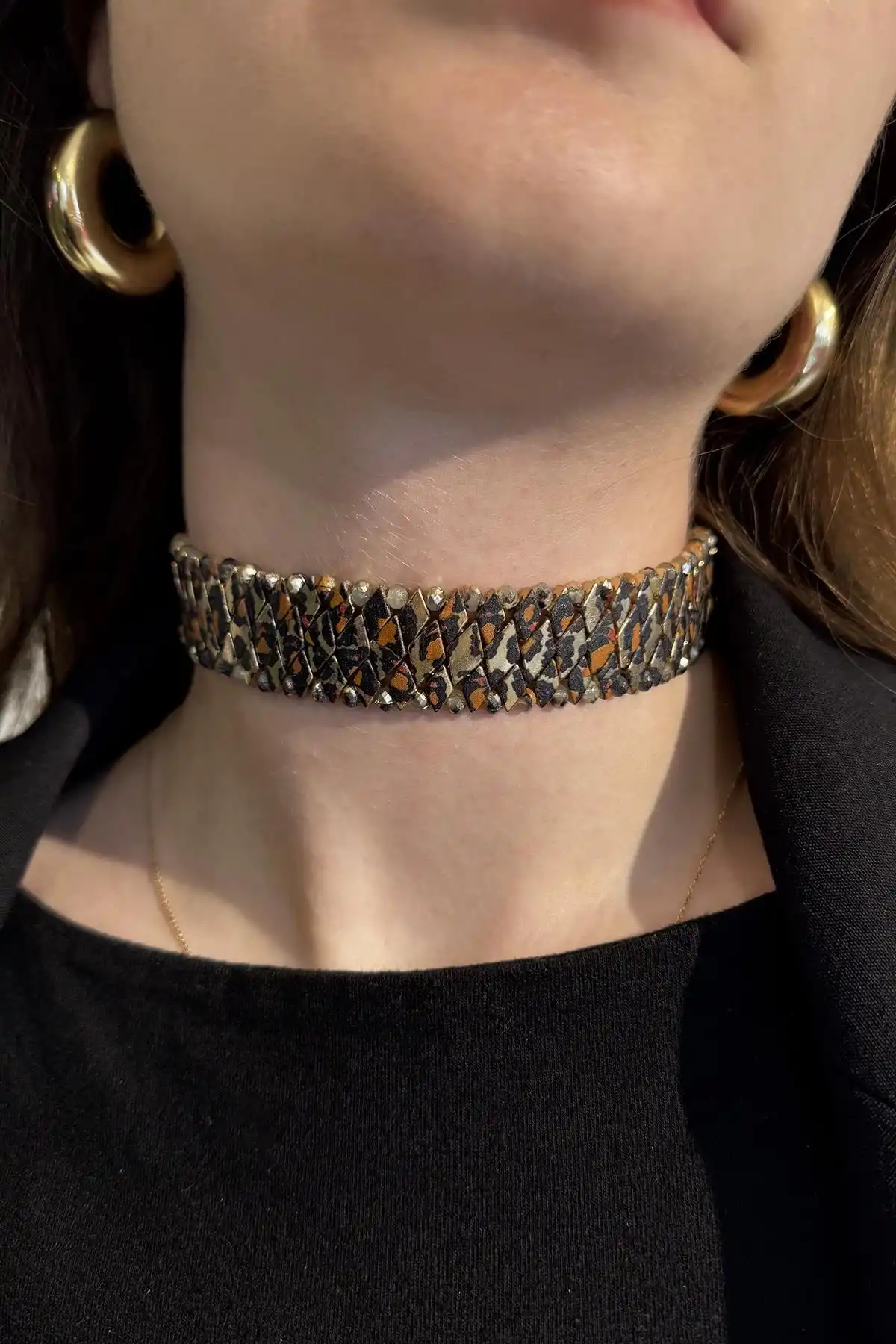 Karışık Renk Leopar Desenli Choker Kolye