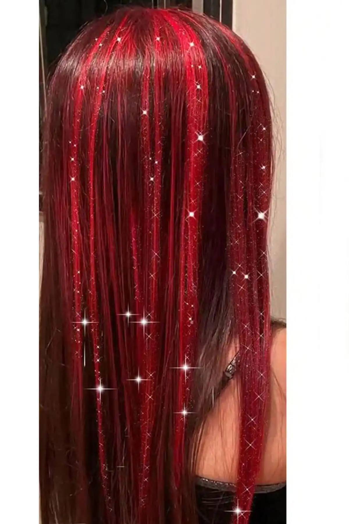 Kırmızı Renk Simli Yan Postiş Hair Tinsel Shiny Hair (50 Cm)