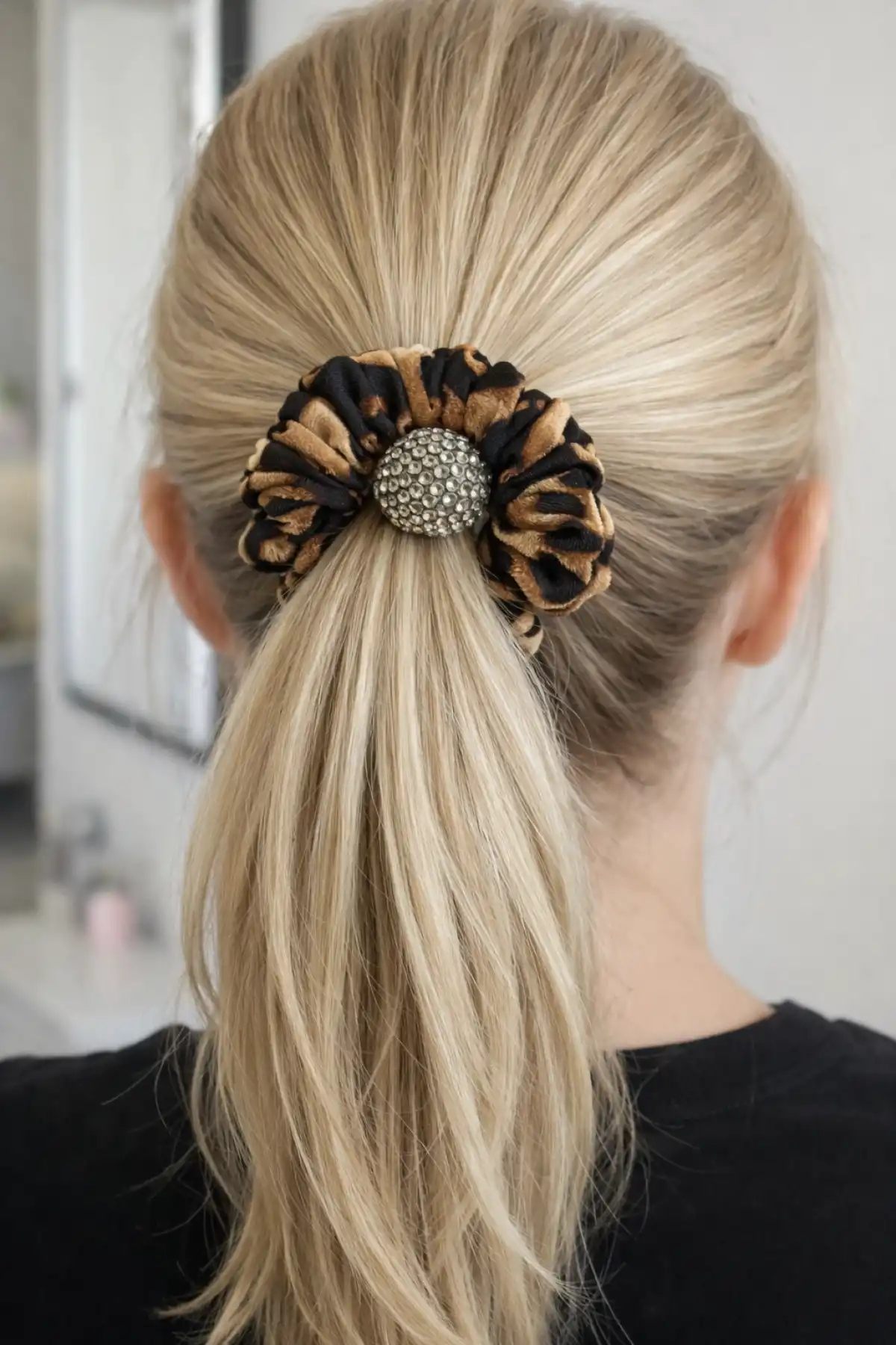 Koyu Kahverengi Leopar Detaylı Taşlı Lastik Toka