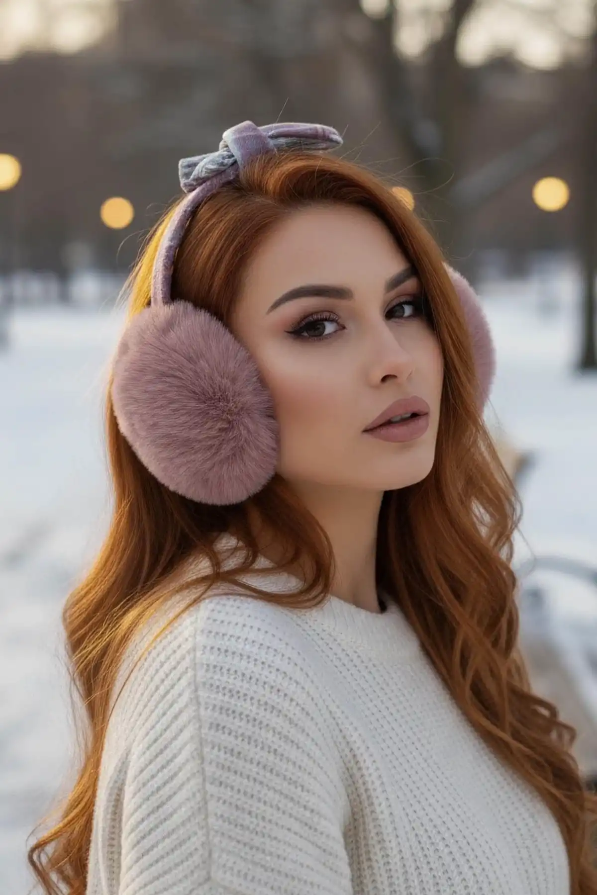 Koyu Pembe Renk Ekose Desenli Peluş Kulaklık