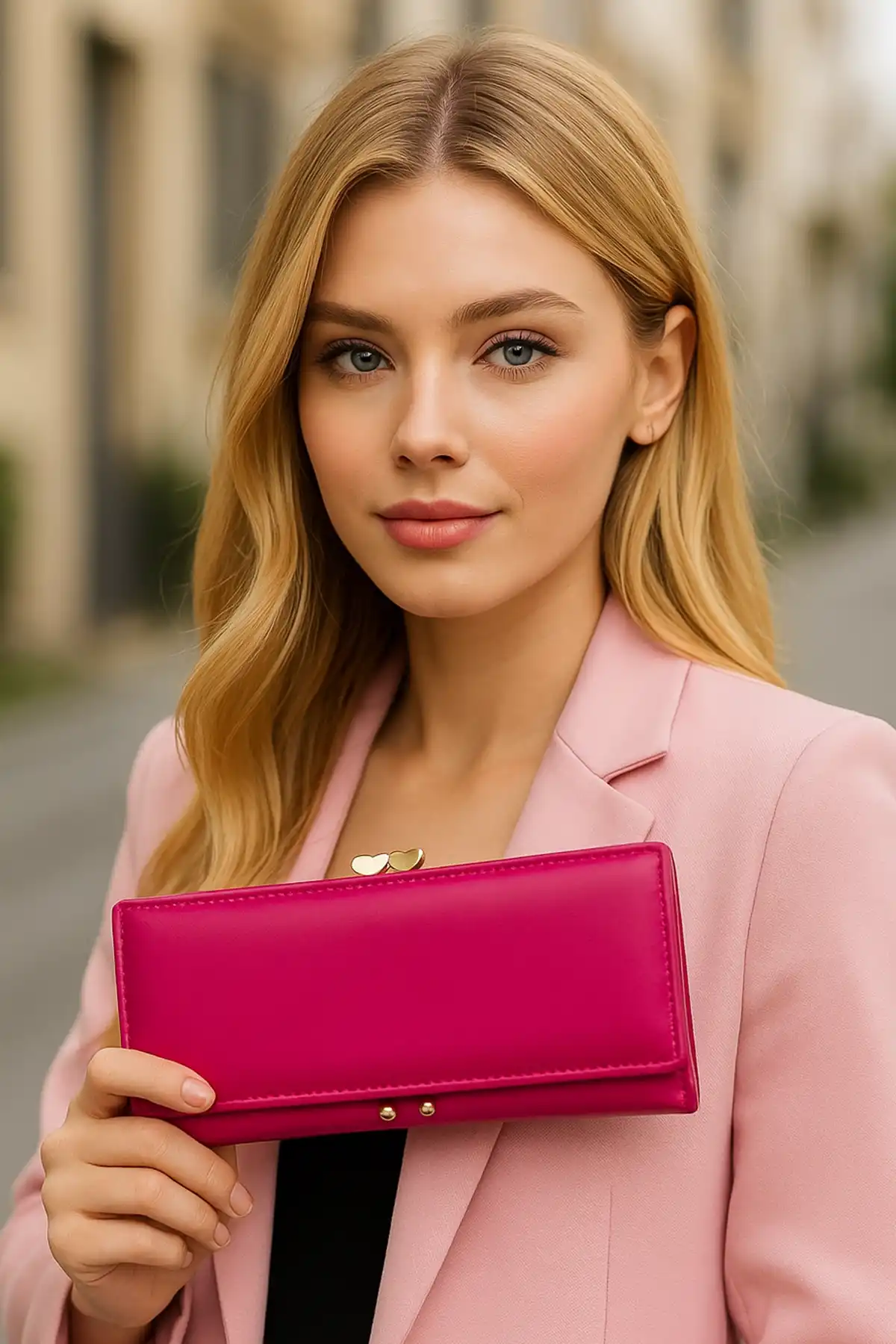 Koyu Pembe Renk Kalp Detaylı Kadın Cüzdan