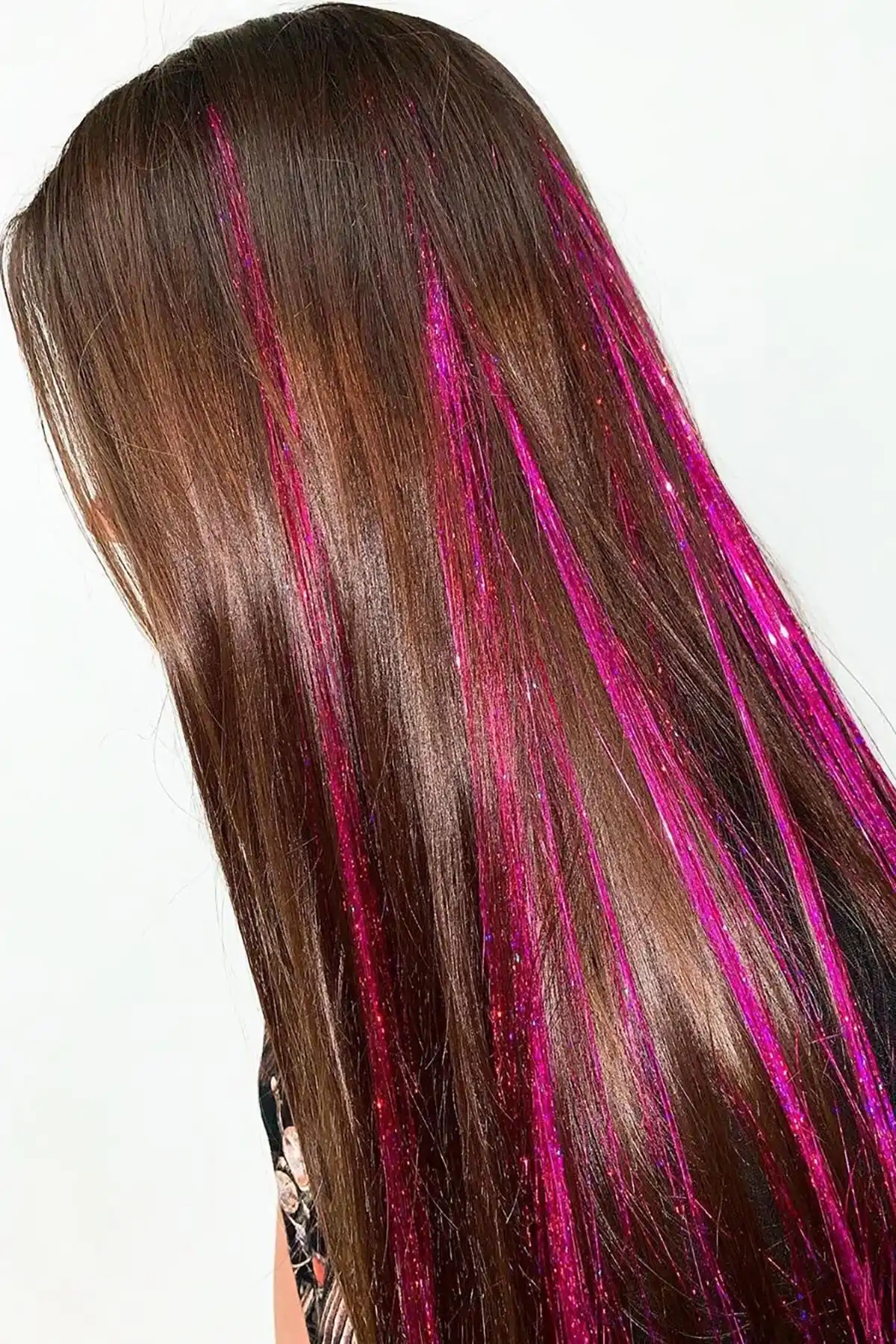 Koyu Pembe Renk Simli Yan Postiş Hair Tinsel Shiny Hair (50 Cm)