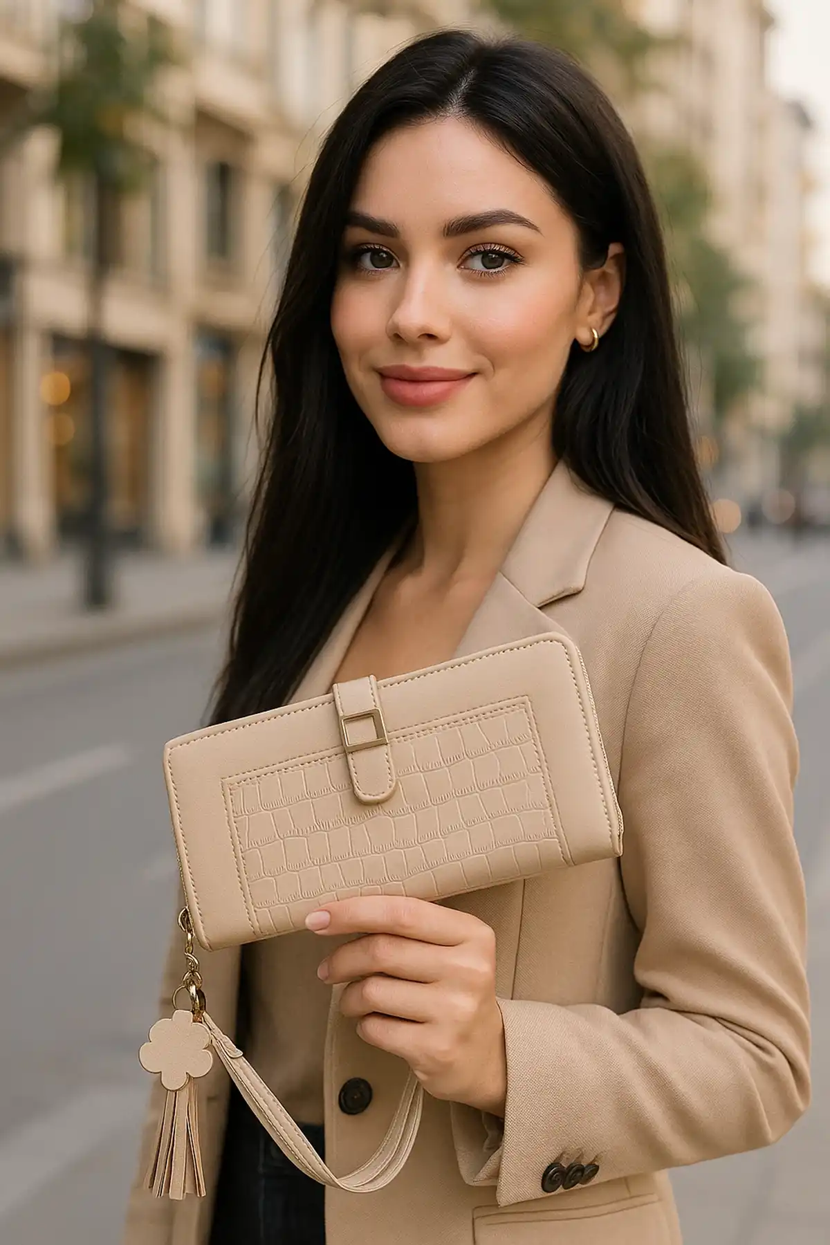 Krem Renk Deri Kadın Cüzdan