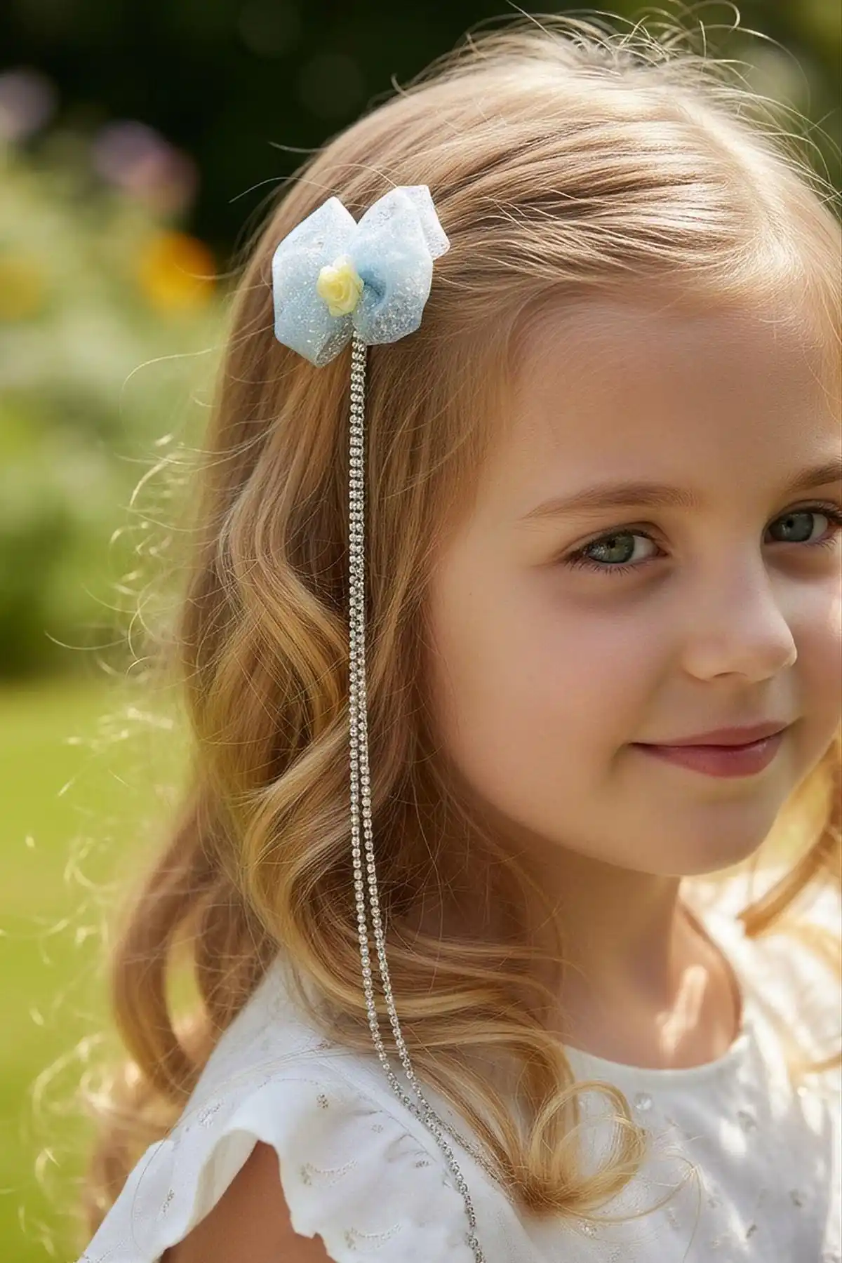 Mavi Renk Çiçek Figürlü Taş Detaylı Çocuk Yan Toka