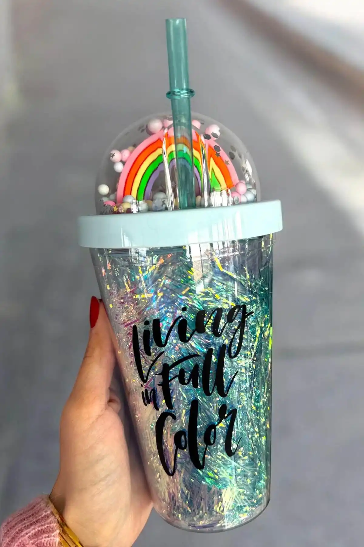 Mavi Renk Gökkuşağı Figürlü Pipetli Işıklı Suluk