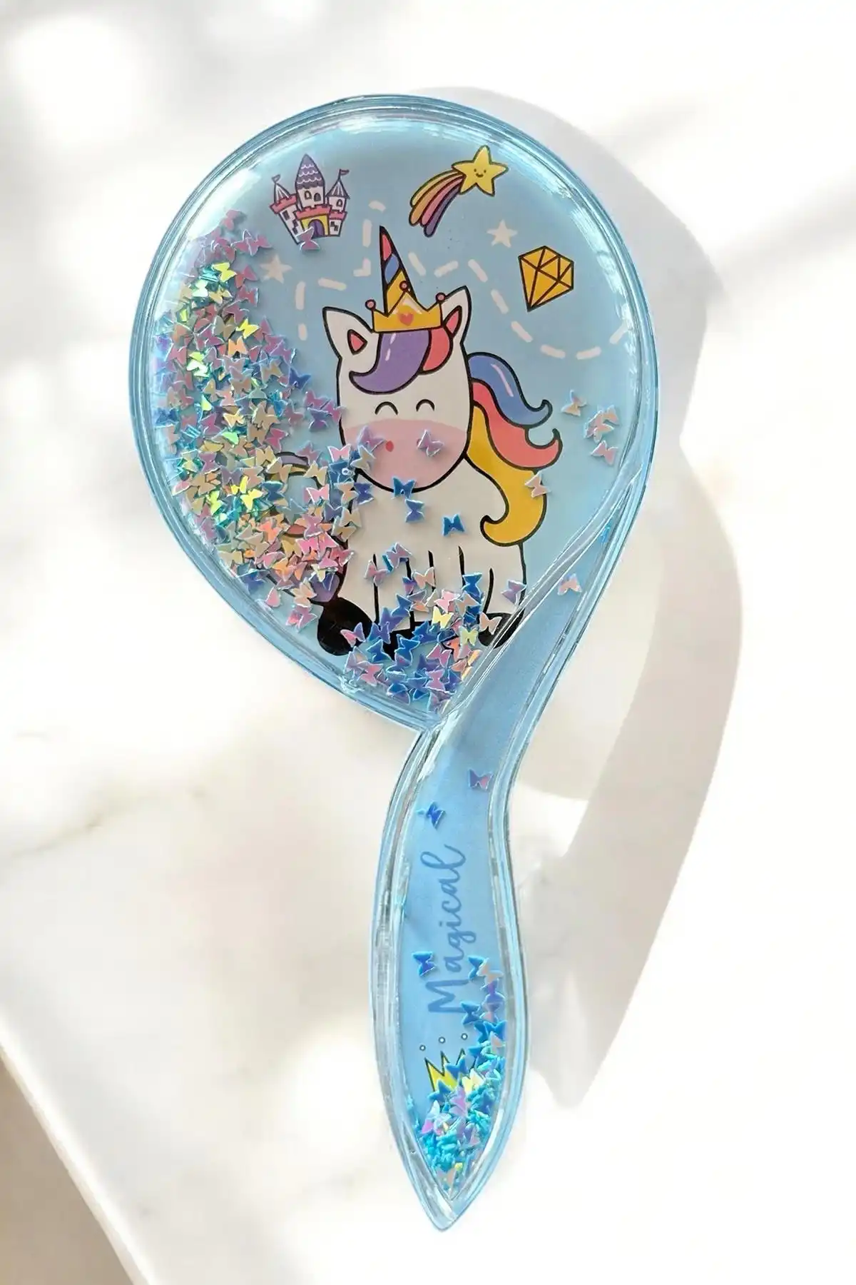 Mavi Renk Unicorn Figürlü Sim Detaylı Saç Tarama Fırçası/ Tarak