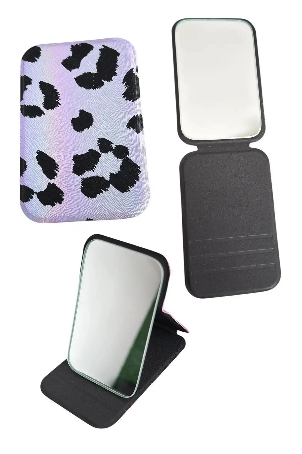 Mor Renk leopar Desenli Küçük Boy Katlanabilir Makyaj Aynası