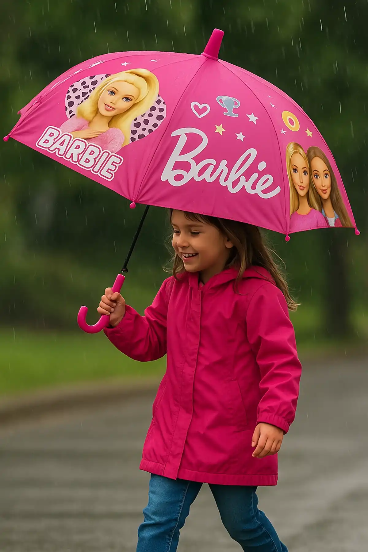 Pembe Renk Karışık Figürlü Kılıflı Çocuk Şemsiye